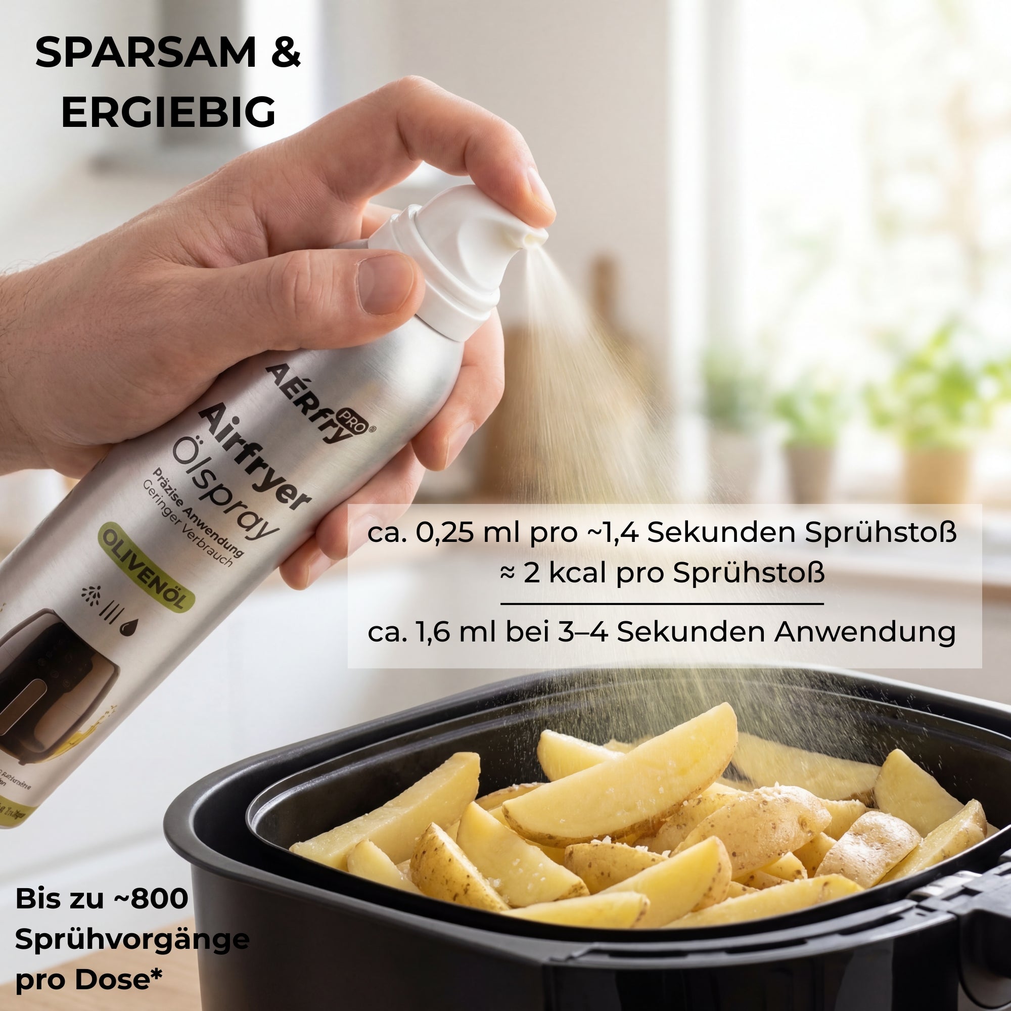 Olivenöl Ölspray beim Kochen in der Heißluftfritteuse