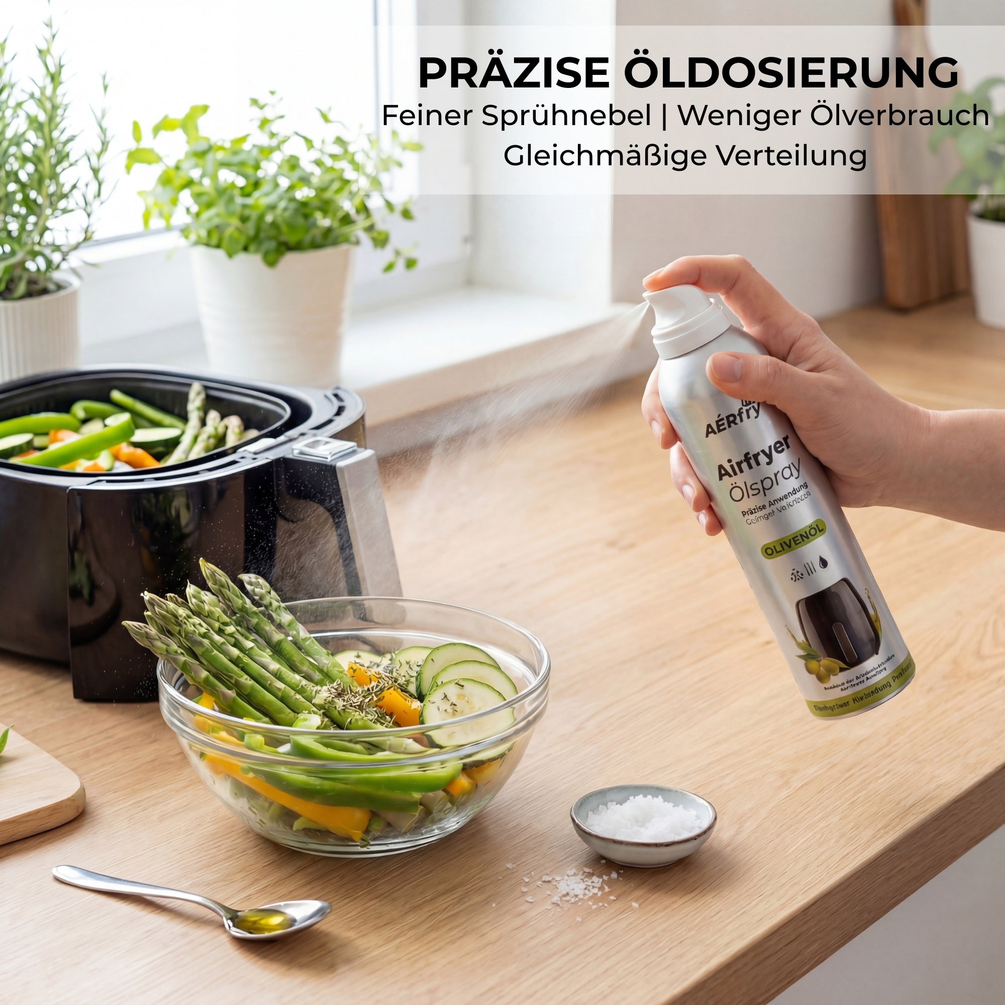 Olivenöl Ölspray beim Kochen in der Heißluftfritteuse