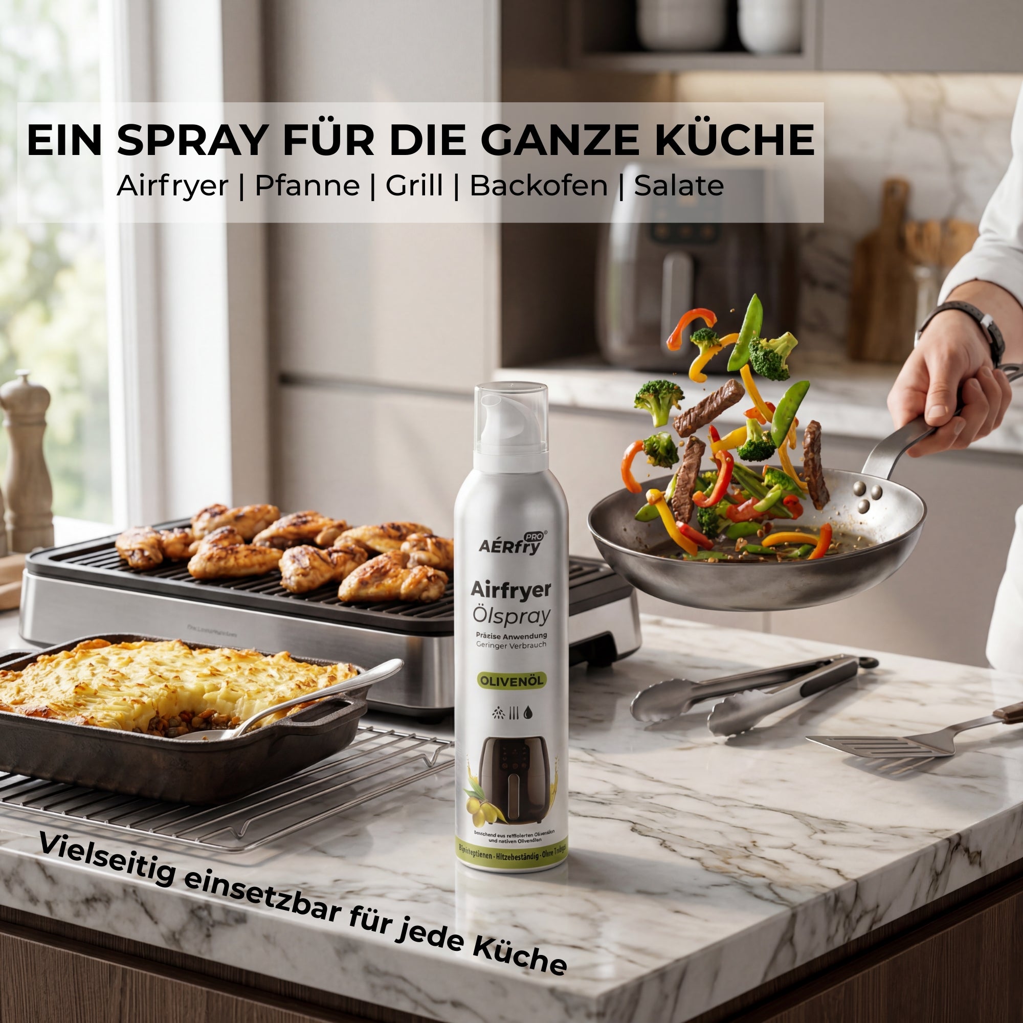 Olivenöl Ölspray beim Kochen in der Heißluftfritteuse